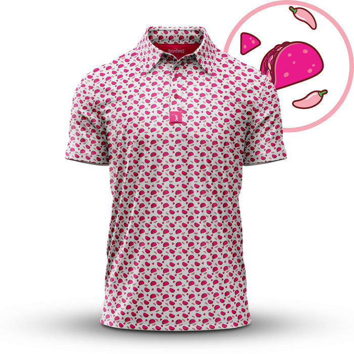The Pink Taco - Polo is a short-sleeve, athletic-fit polo with a white base, pink taco and chili pepper pattern, moisture-wicking fabric, collar, buttons, and an illustrated circle featuring a pink taco and chili pepper.