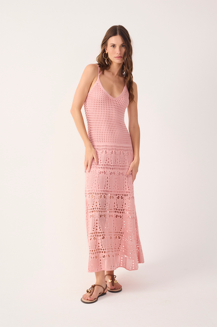 Pink V Neck Open Knit Maxi Dress_2