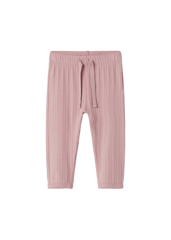 Pink pointelle trousers for children with ties and ribbed edges
