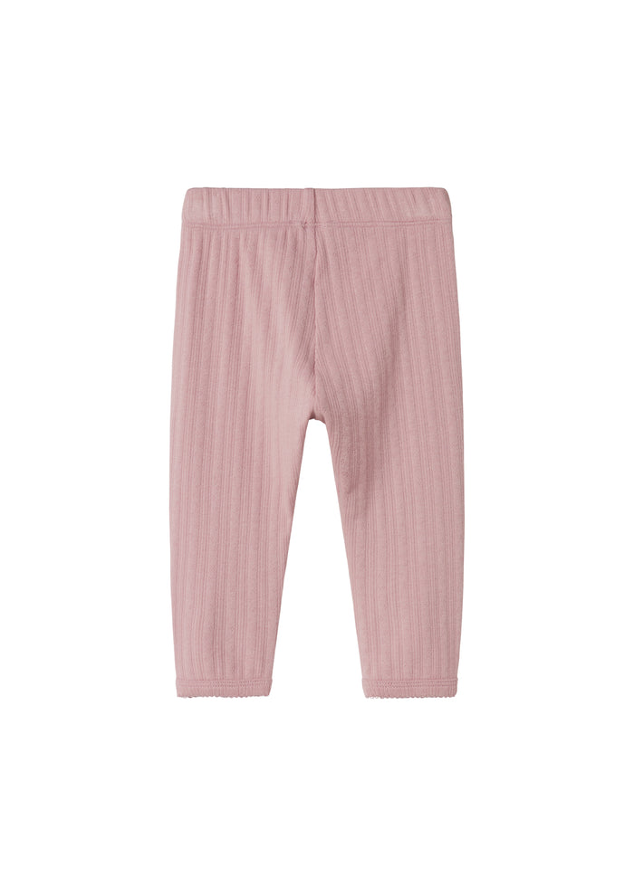 Pink pointelle trousers for children with ties and ribbed edges