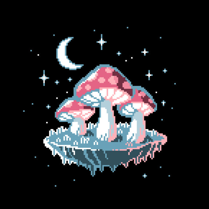 Classic Cotton T-shirt_TeeTurtle Pixel Mushrooms black t-shirt featuring a pixelated video game mushrooms with stars and the moon in the background.