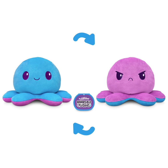 Part of the Kawaii Cuties collection, these adorable Plushiverse Indigo Octo 4" Reversible Plushies by TeeTurtle feature two octopus stuffed toys. One side is blue with a happy face, while the other is purple with an angry face, complete with arrows showcasing their reversible nature.
