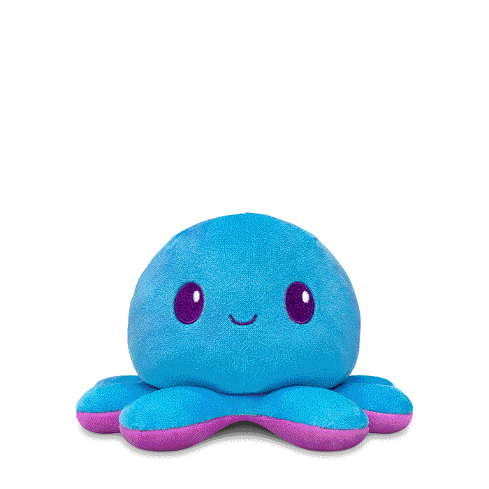 A Plushiverse Indigo Octo 4" Reversible Plushie from the TeeTurtle collection, featuring a smiling face, large purple eyes, and a pink underside. This adorable reversible plushie makes a perfect stuffed toy for any age!
