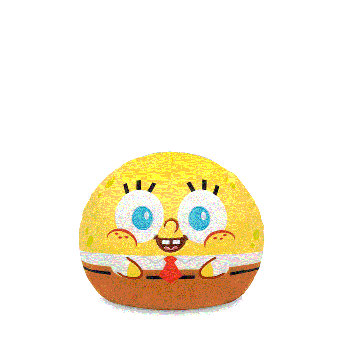 A Nickelodeon Plushiverse SpongeBob 6” Reversible Plushie resembling the animated character SpongeBob SquarePants. This stuffed toy is round with SpongeBob's distinct yellow color, facial features, and clothing details, perfect for any SpongeBob collection.