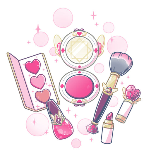 Premium Cotton T-shirt_TeeTurtle white Pretty in Pink featuring an illustrated mini makeup set featuring a blush brush, compact mirror, eyeshadow palette, lipstick, and nail polish, all surrounded by decorative pink sparkles and hearts in a magical set.