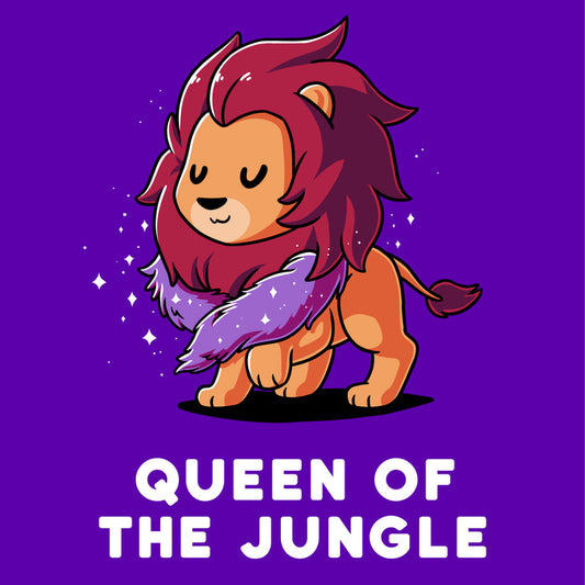 Premium Cotton T-shirt_TeeTurtle purple Queen of the Jungle apparel featuring a lion with a sparkling purple fur boa and closed eyes. Caption reads, "QUEEN OF THE JUNGLE".