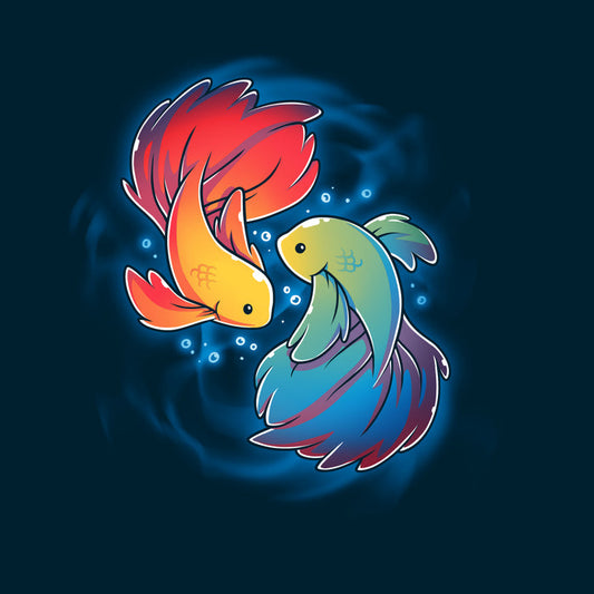 Premium Cotton T-shirt_TeeTurtle navy blue Rainbow Betta featuring two colorful Rainbow Betta fish displaying their pride colors swimming in a circular pattern.