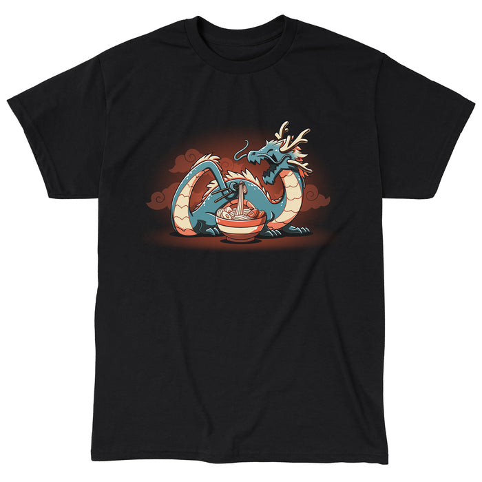 Classic Cotton T-shirt_TeeTurtle Ramen Dragon black t-shirt featuring a food loving dragon with chopsticks who eats noodles from a bowl, set against a dark background with swirling clouds.