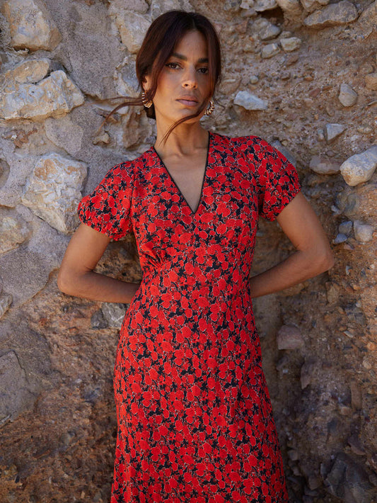 Red Blurred Floral Print Puff Sleeve Midi Dress