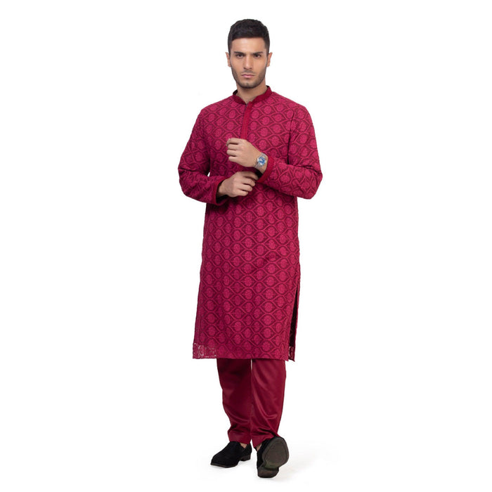 Regium Chikankari Maroon Kurta for Men - Mashroo