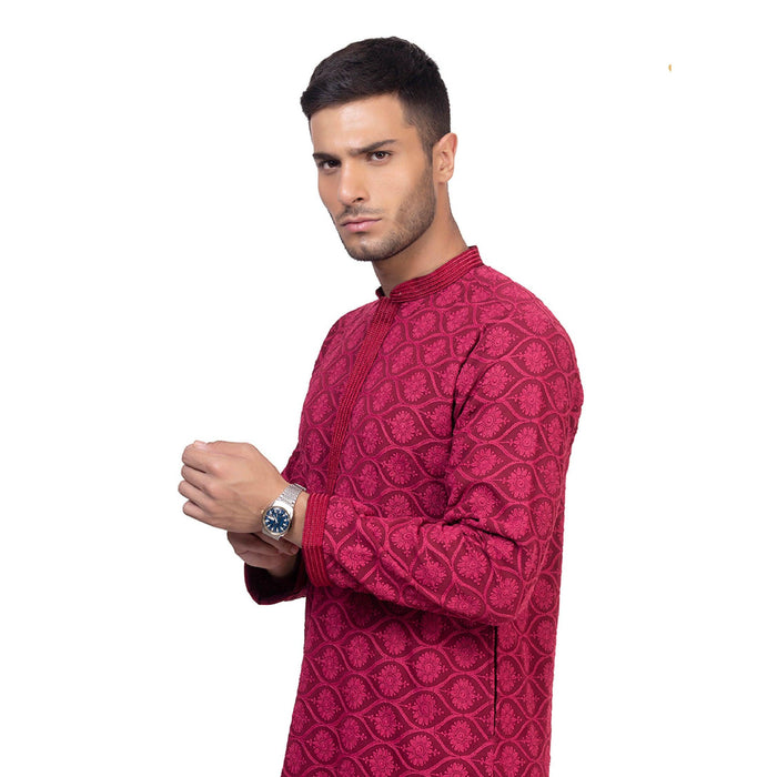 Regium Chikankari Maroon Kurta for Men - Mashroo