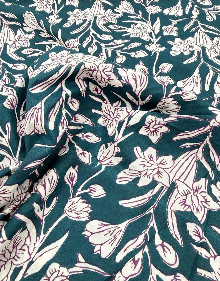 Remnant 1.10m - Teal Phool Floral, Indian Block Print Cotton Fabric