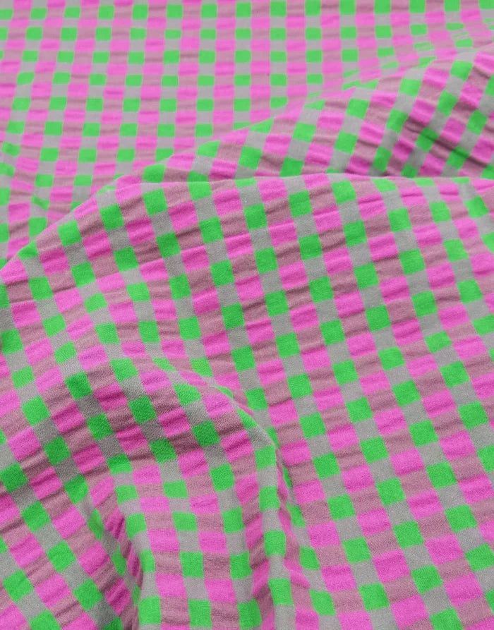 Remnant 1.2m - Candy Pink & Lime Seersucker Gingham Cotton Fabric