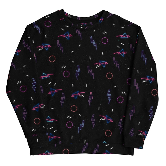 A midnight obsidian sweatshirt erupts with chaotic neon geometry—electric cyan lightning bolts, hot magenta rings, and violet zig-zags scattered like cosmic confetti. Contact us with accessibility feedback, we'd love to help!