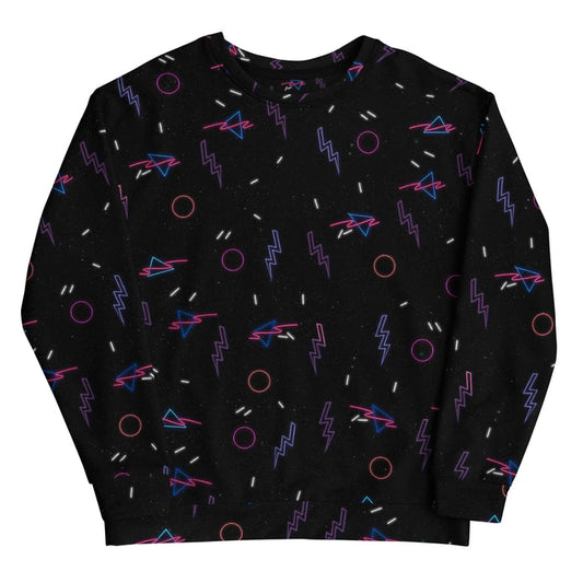 A midnight obsidian sweatshirt erupts with chaotic neon geometry—electric cyan lightning bolts, hot magenta rings, and violet zig-zags scattered like cosmic confetti. Contact us with accessibility feedback, we'd love to help!