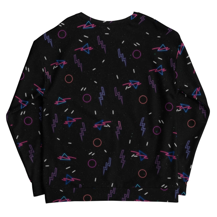Retro Arcade Carpet Sweatshirt - The distinctive contrast of electric cyan lightning bolts (#00FFFF) and hot magenta rings (#FF1493) floating over a star-dusted obsidian void (#050505 with #FFFFFF speckles).