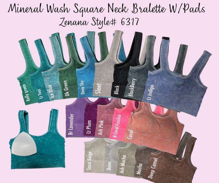Ribbed Square Neck Mineral Washed Bralette Crop Top with pads by Zenana 6317