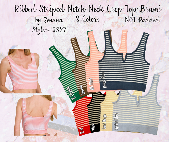 Ribbed Striped Notch Neckline Crop Top Bralette Brami Tank by Zenana 6387