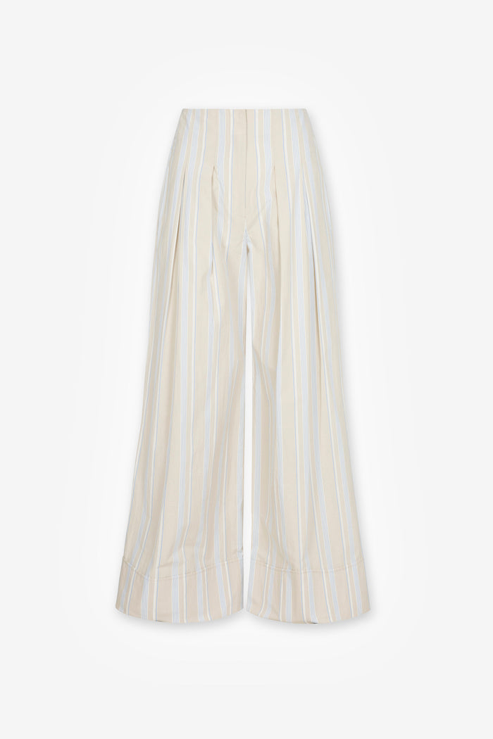 HEVRON Rory Cotton Poplin Wide-Leg Pant in Beige Stripe, product front view