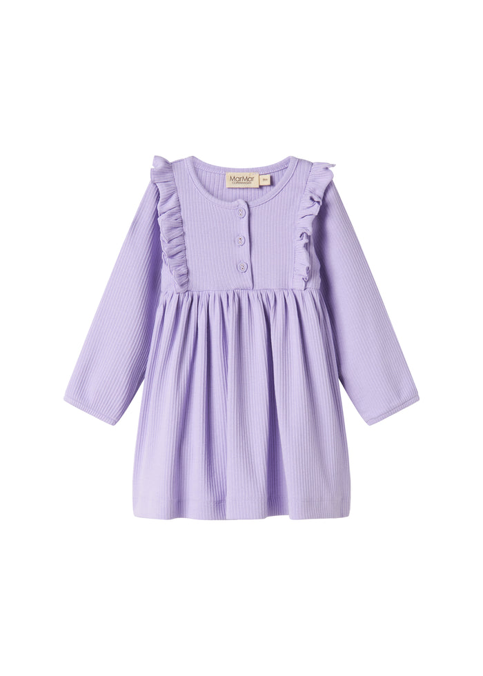 Purple ribbed dress for children with ruffle details and long sleeves