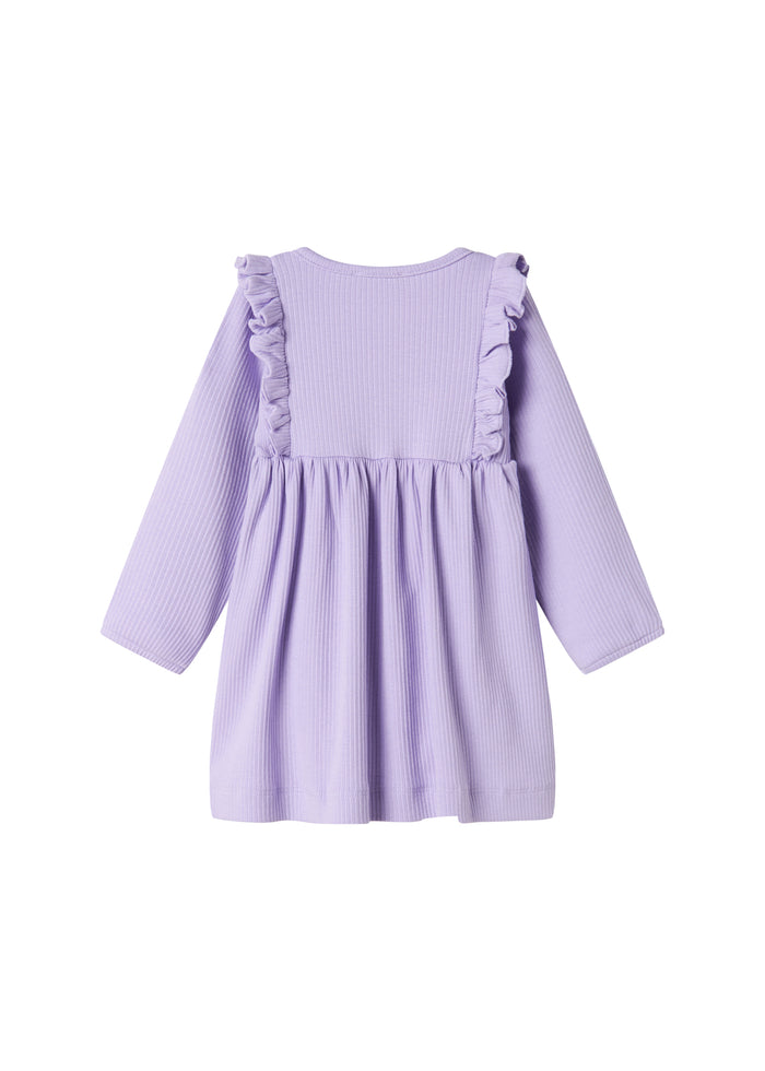 Purple ribbed dress for children with ruffle details and long sleeves
