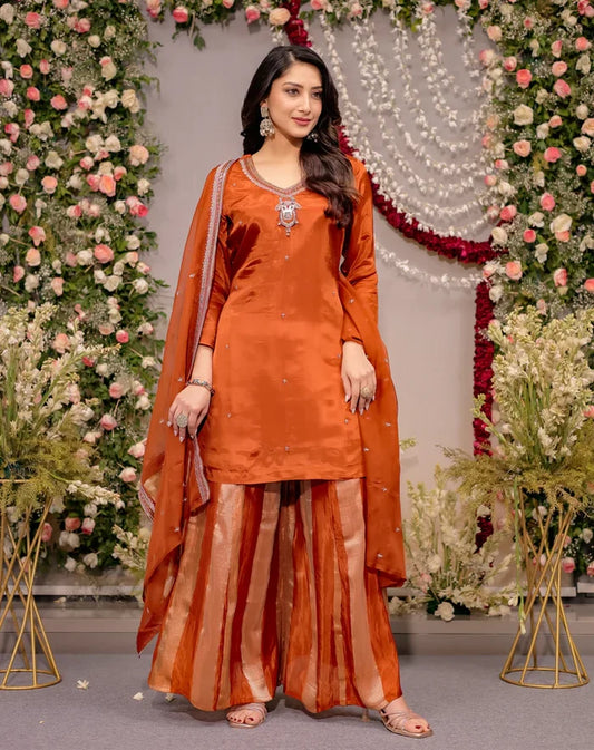 Rust Orange Silk Sharara Set with Zari Embroidery & Dupatta