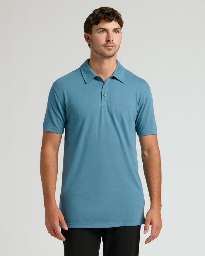 Sapphire Short Sleeve Tall Polo on model highlights fit and comfort.