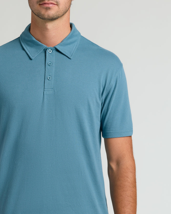 Sapphire Short Sleeve Tall Polo on a man's torso, detailed collar.