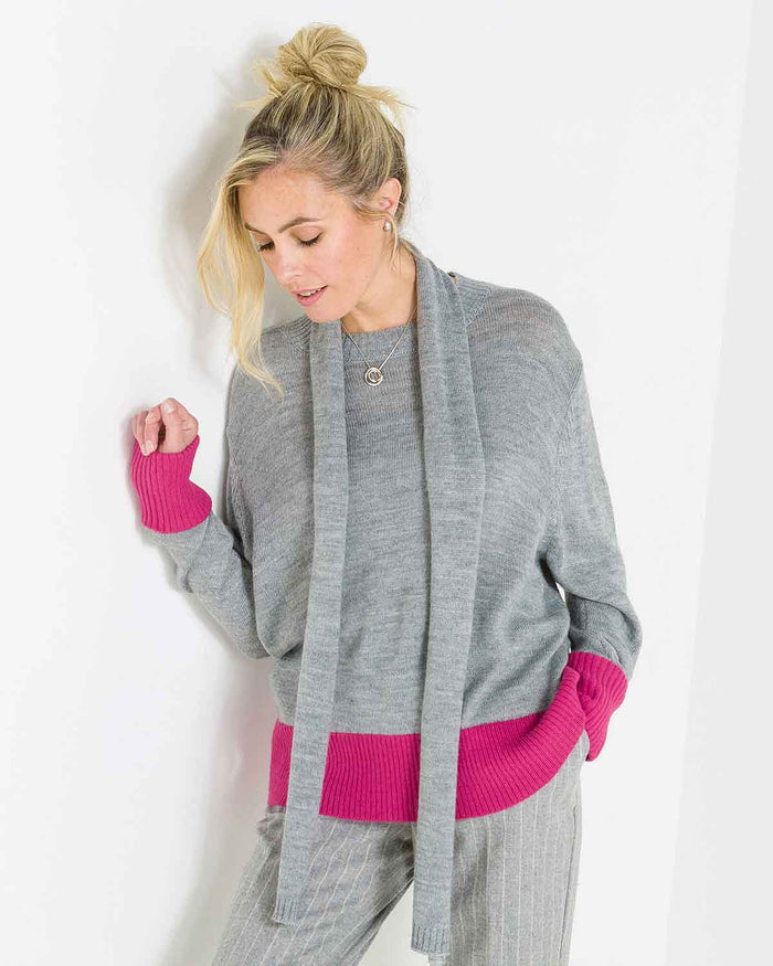 Sasha Contrasting Scarved Jumper - Grey Fuchsia - The Classic Boutique