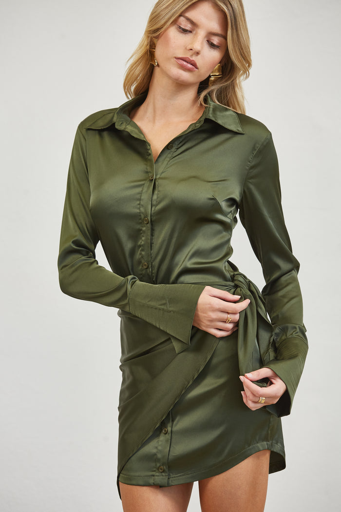 Satin Wrap Tie Shirt Mini Dress - OLIVE