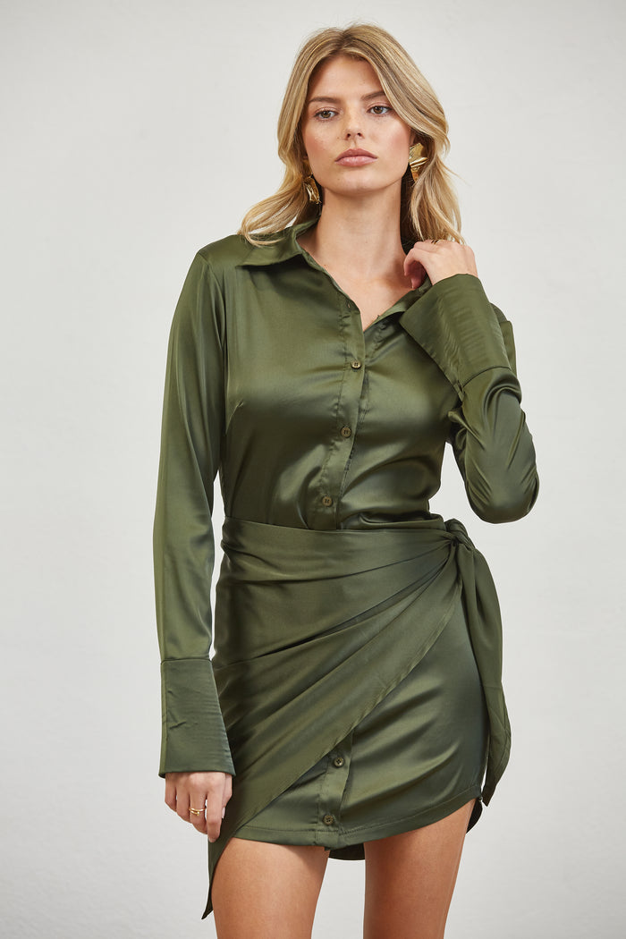 Satin Wrap Tie Shirt Mini Dress - OLIVE