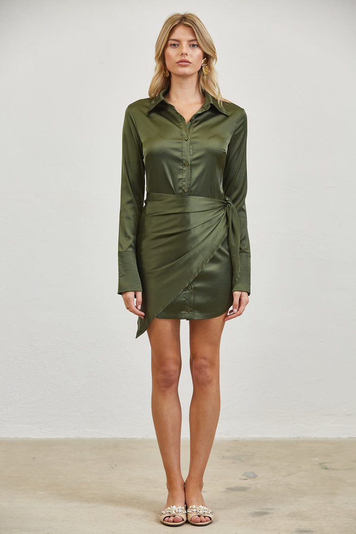 Satin Wrap Tie Shirt Mini Dress - OLIVE