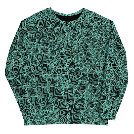 A mesmerizing electric seafoam pattern vibrates against a backdrop of deep obsidian black, reinterpreting traditional fan-shaped waves (or reptilian scales) with a chaotic, scribbled aesthetic. Contact us with accessibility feedback, we'd love to help!