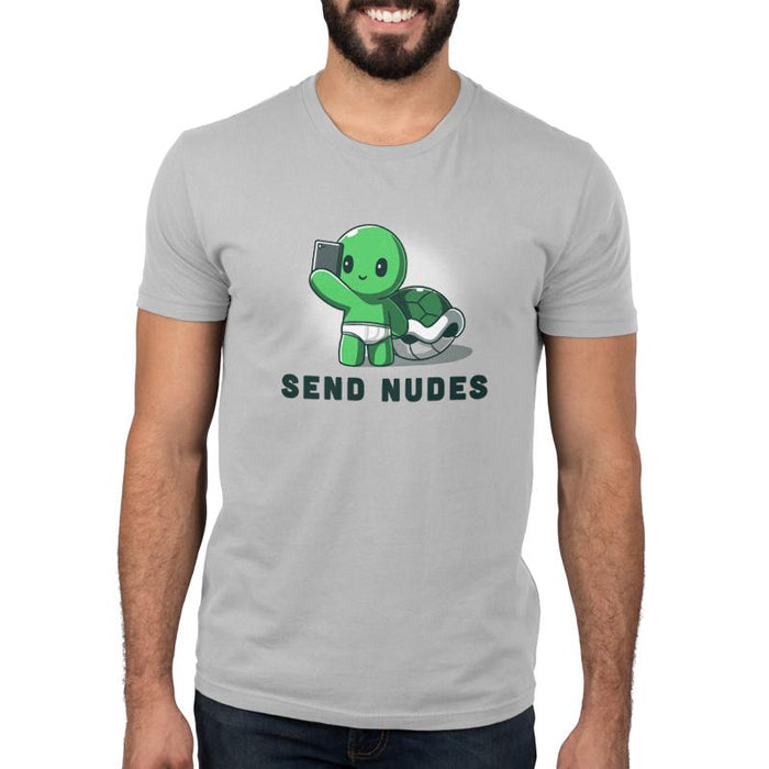 Premium Cotton T-shirt_TeeTurtle silver grey Send Nudes green cartoon turtle character holding a smartphone, wearing white underwear, with "SEND NUDES" text below it, on a super soft ringspun cotton Unisex apparel.