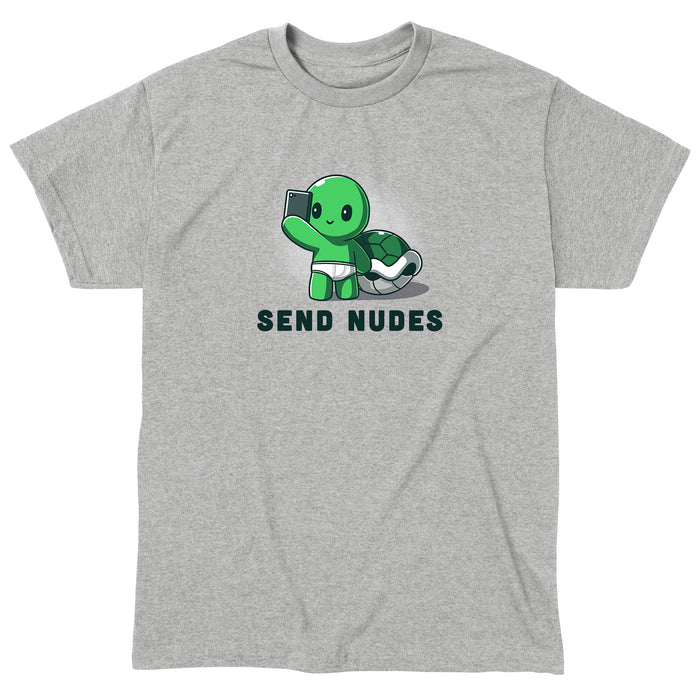 Cotton Cotton T-shirt_TeeTurtle heather grey Send Nudes green cartoon turtle character holding a smartphone, wearing white underwear, with "SEND NUDES" text below it, on a super soft ringspun cotton Unisex apparel.