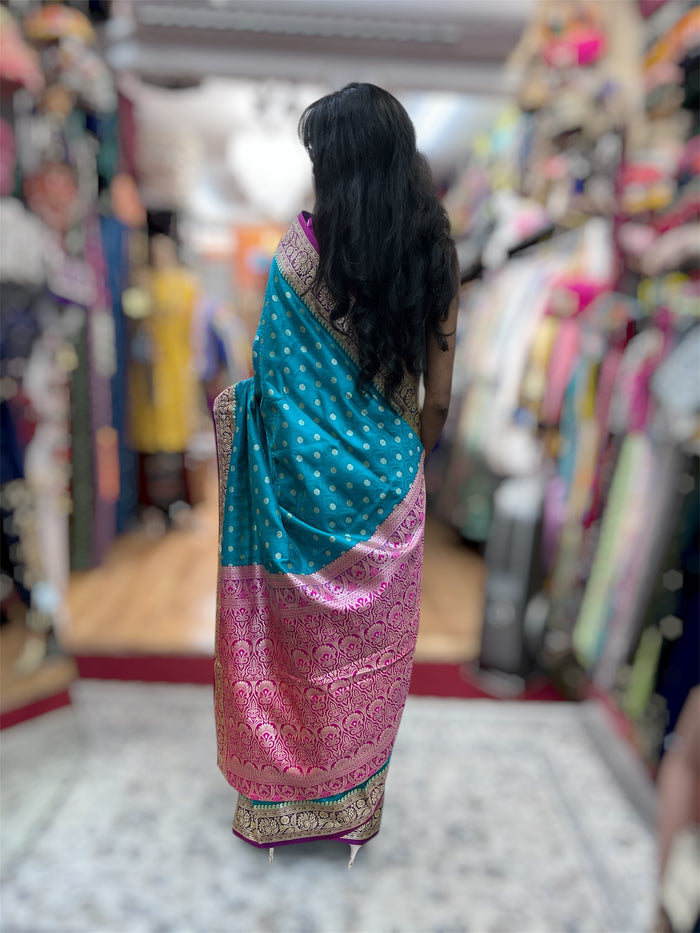 Silk Brocade Bright Turquoise Blue With Contrast Hot Pink Pallu Saree