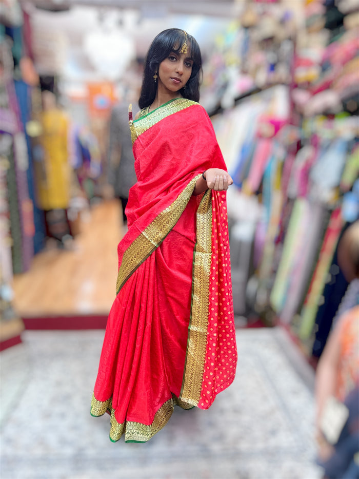 Silk Brocade Deep Cerise Pink With Green Border Saree