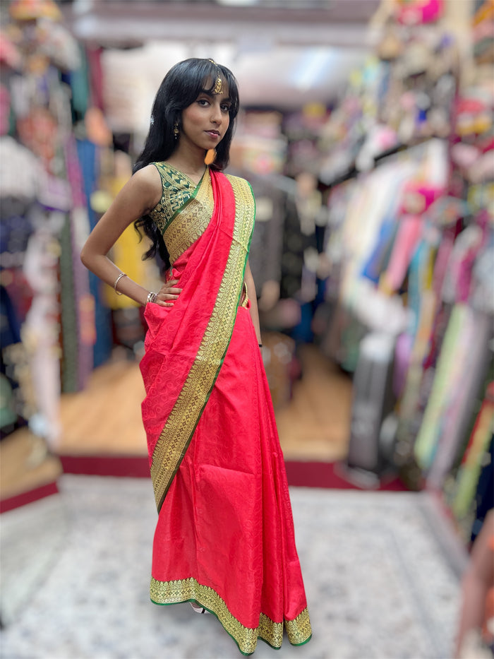 Silk Brocade Deep Cerise Pink With Green Border Saree