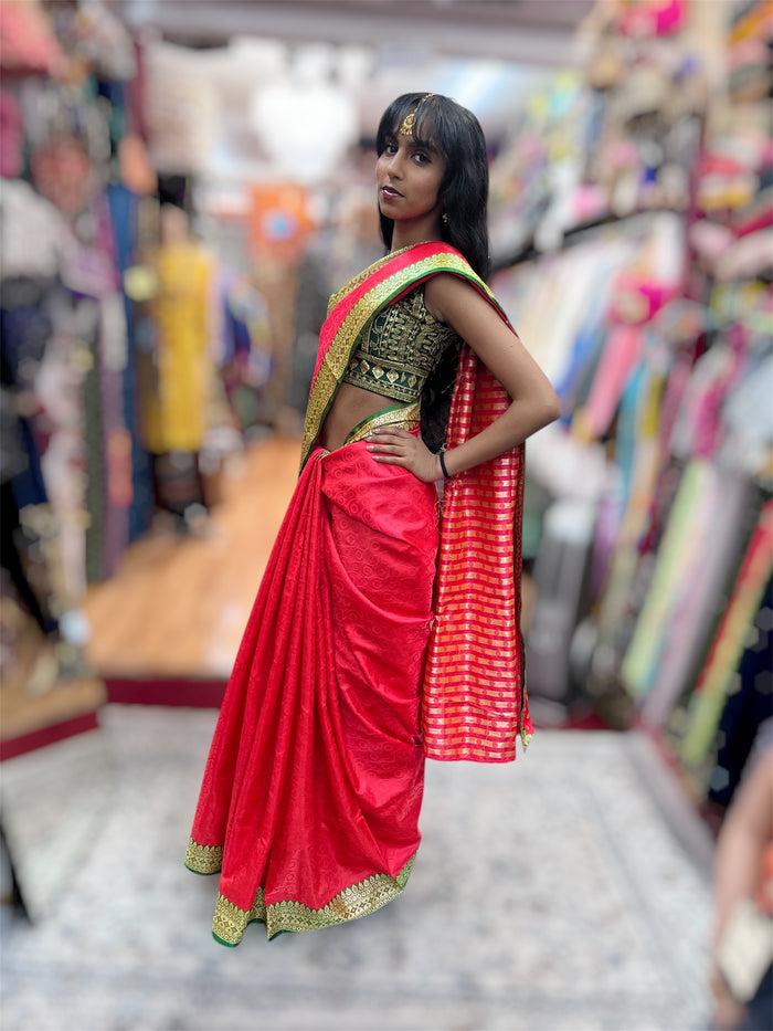 Silk Brocade Deep Cerise Pink With Green Border Saree