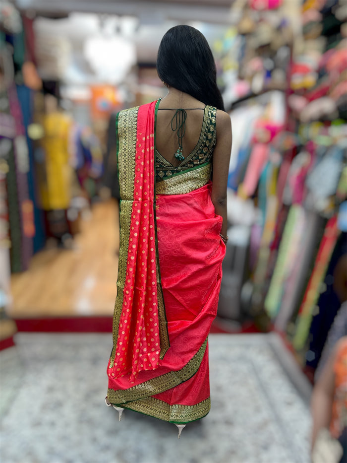 Silk Brocade Deep Cerise Pink With Green Border Saree