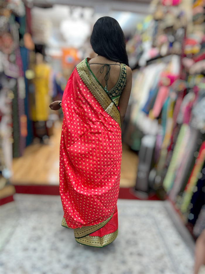Silk Brocade Deep Cerise Pink With Green Border Saree