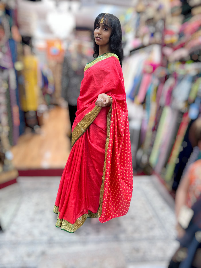 Silk Brocade Deep Cerise Pink With Green Border Saree