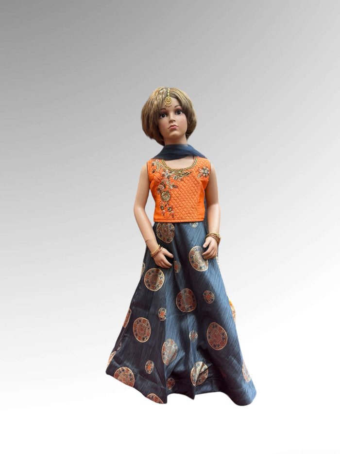 Silk Embroidered Blueish Grey Children Lehenga Set