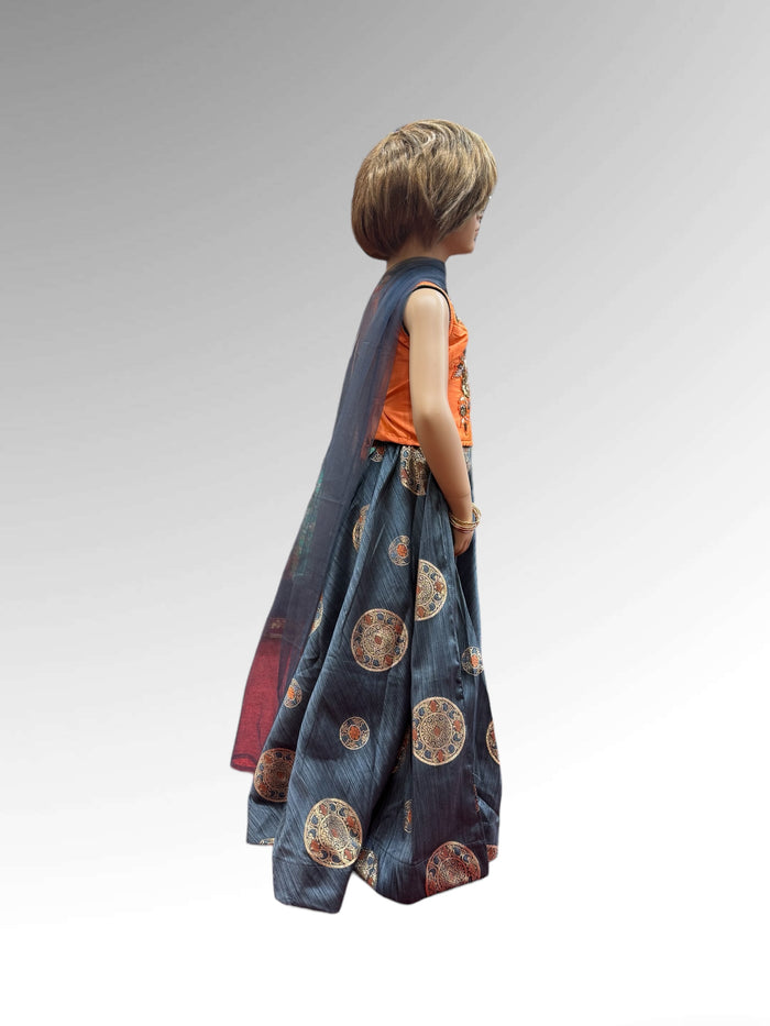Silk Embroidered Blueish Grey Children Lehenga Set