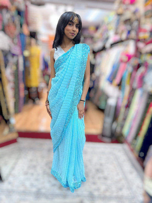 Silk Sequins Embroidered Powder Blue Pleated Saree