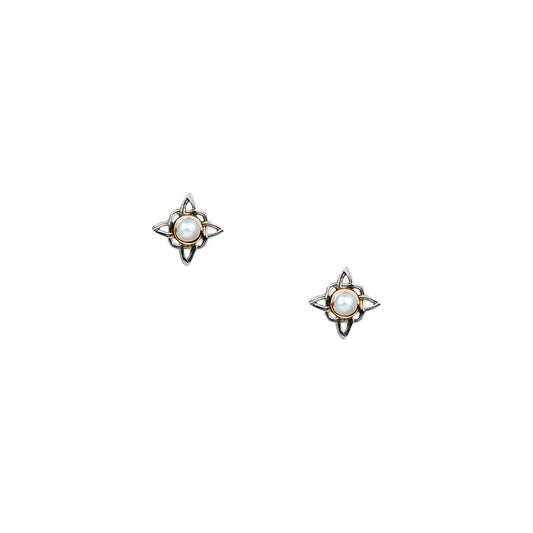 Silver And 10k Gold Celestial Stud Earrings - Fresh Water Pearl