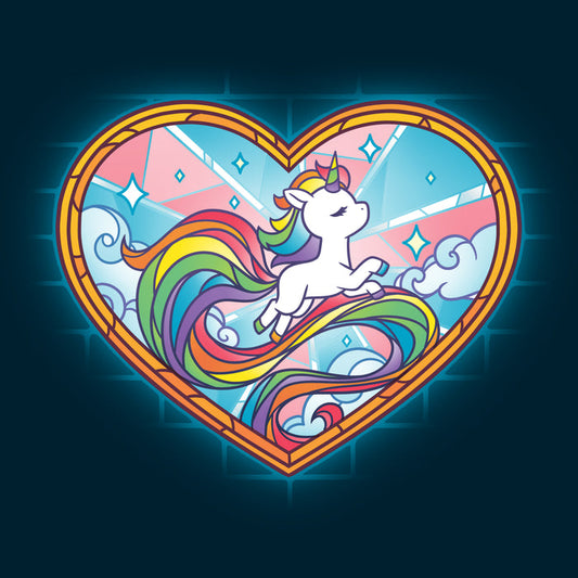 Premium Cotton T-shirt_TeeTurtle navy blue Stained Glass Unicorn featuring an artistic pride unicorn with a long rainbow tail in a stained glass style heart with clouds and sparkles.
