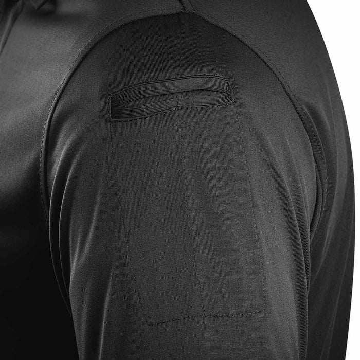 dual pen pocket on stoirm black performance tactical polo shirt