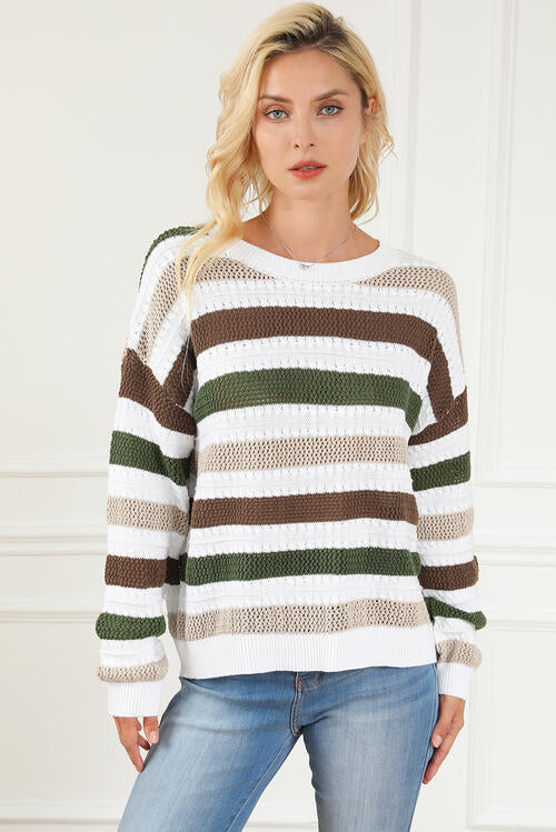 Striped Openwork Dropped Shoulder Sweater - Madikfashions.com
