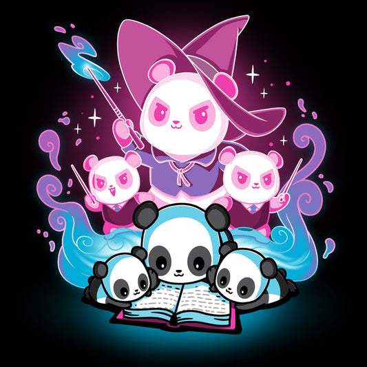 Premium Cotton T-shirt_Teeturtle black Tales of Magic apparel featuring a large panda wizard casting a spell, accompanied by two smaller wizard pandas, all surrounding an open book with blue, glowing pages.